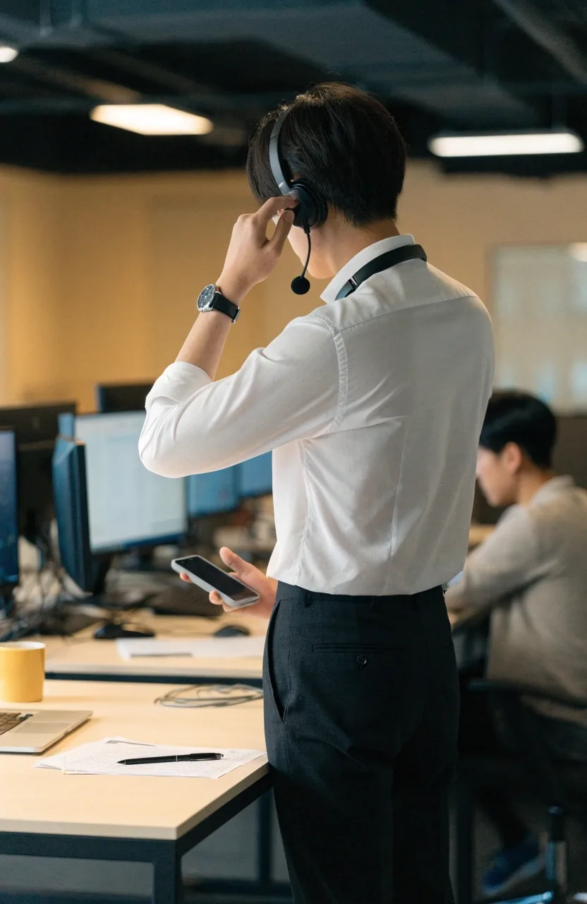 헤드셋과 뒤집힌 노트가 놓인 비어 있는 상담 데스크, 차가운 아침 빛이 긴 그림자를 드리우는 배포 전 상담원 동선 점검 사진